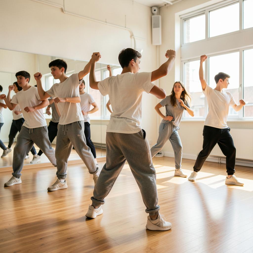 Teens dancing hip hop in a studio at Rachel Jasmin Dance School.
